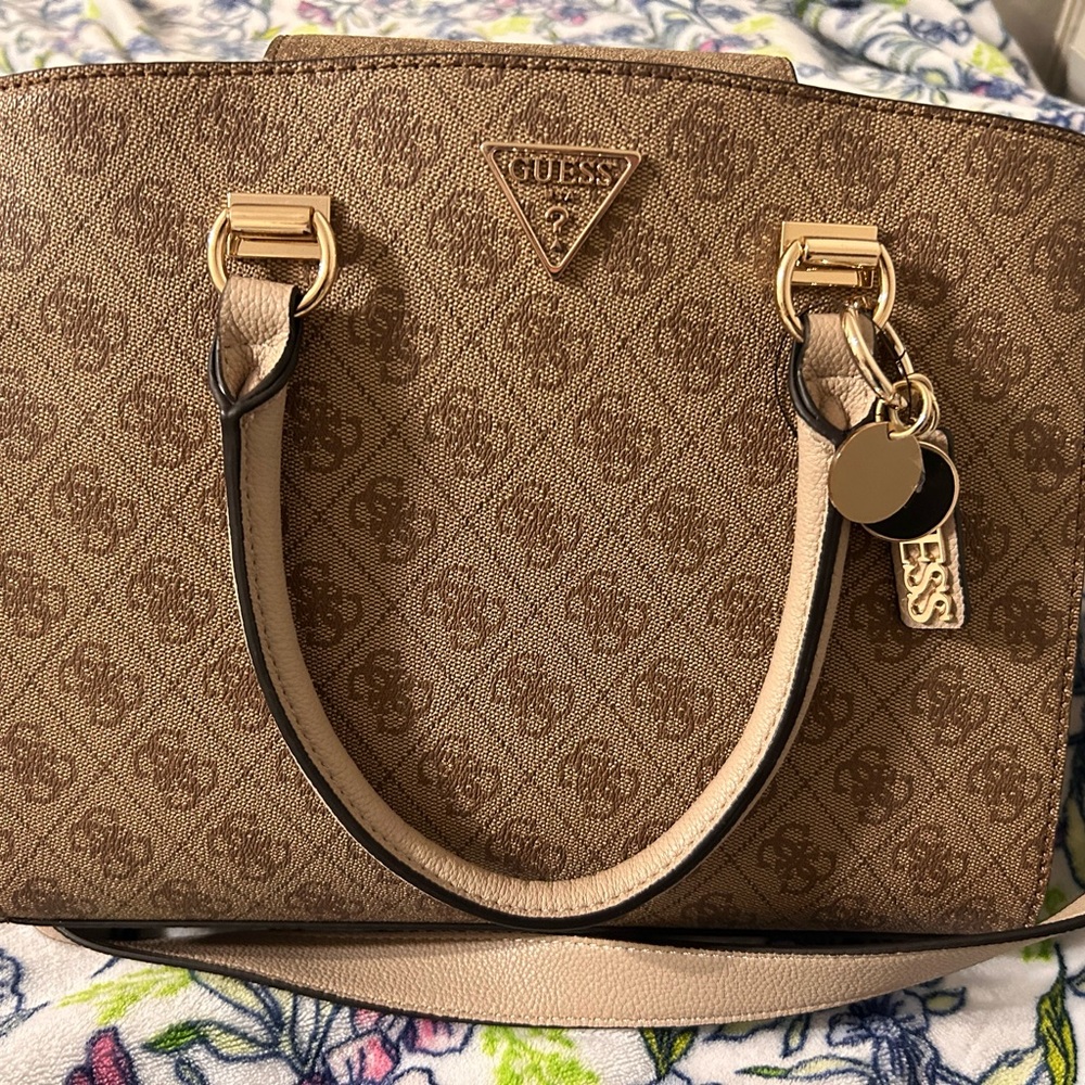 GUESS Tan and Gold Satchel Bag